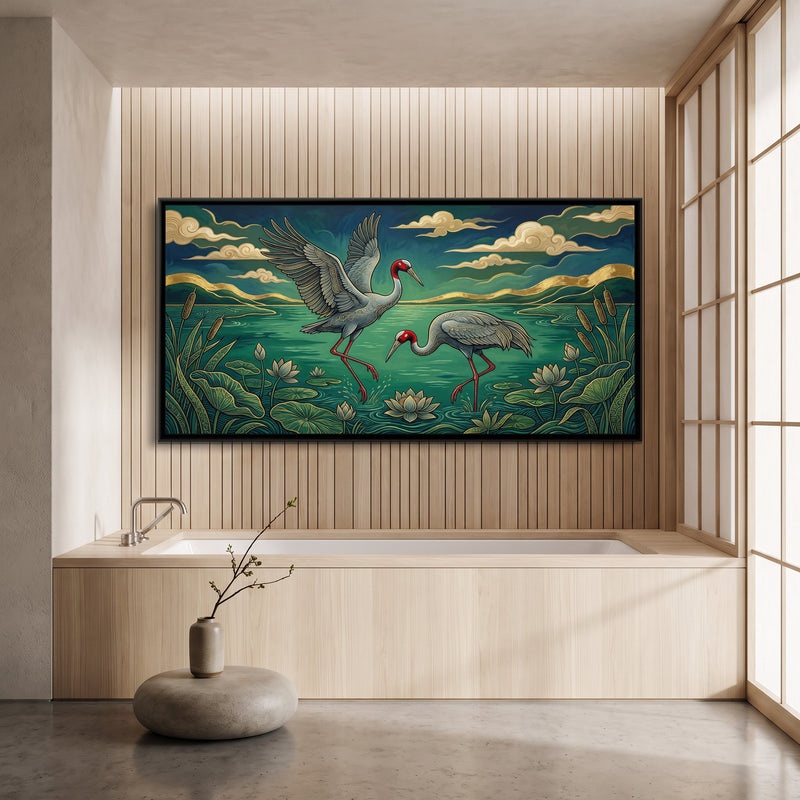 Sarus Cranes Dancing in a Jade Wetland - canvas art shown in a second room setting