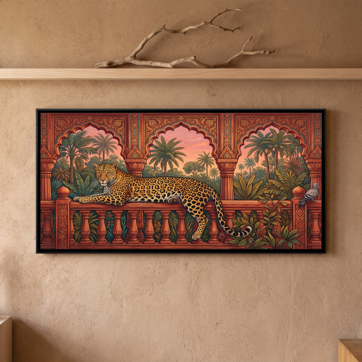 Leopard on a Palace Balustrade at Dusk - framed canvas art hung on a wall