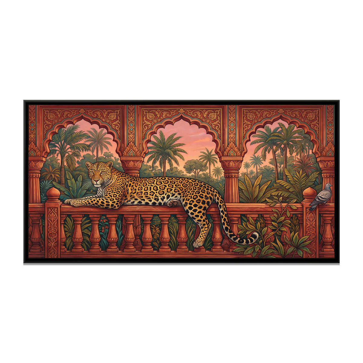 Leopard on a Palace Balustrade at Dusk - framed canvas print, front view