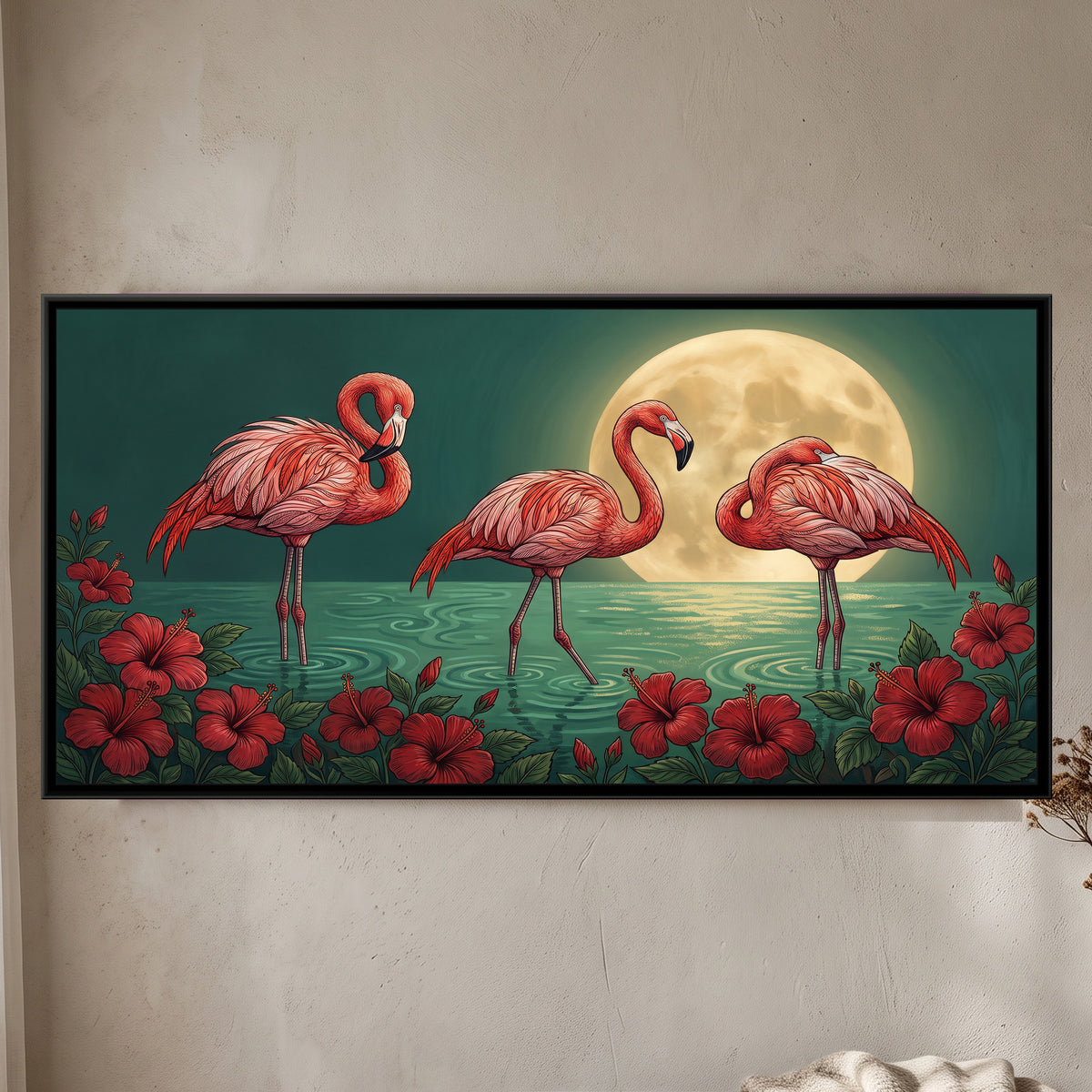 Flamingos under a Gold Moon on Jade - framed canvas art hung on a wall