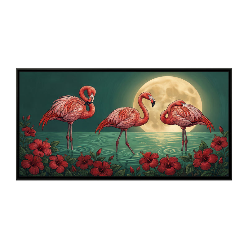 Flamingos under a Gold Moon on Jade - framed canvas print, front view