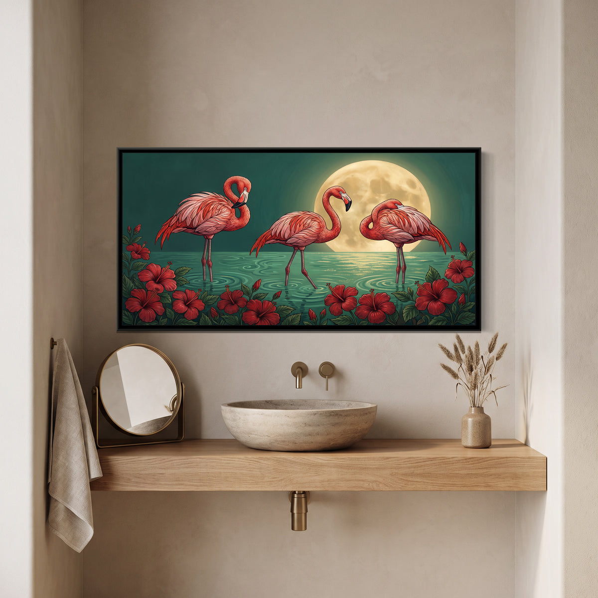 Flamingos under a Gold Moon on Jade - canvas art shown in a styled room