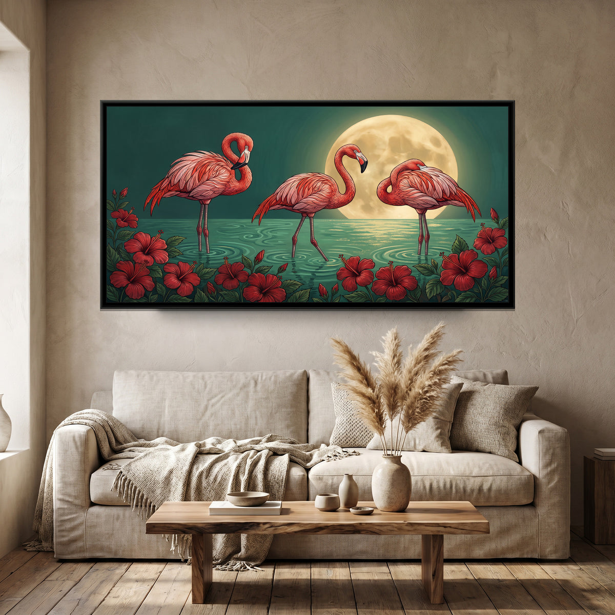 Flamingos under a Gold Moon on Jade - canvas art shown in a second room setting