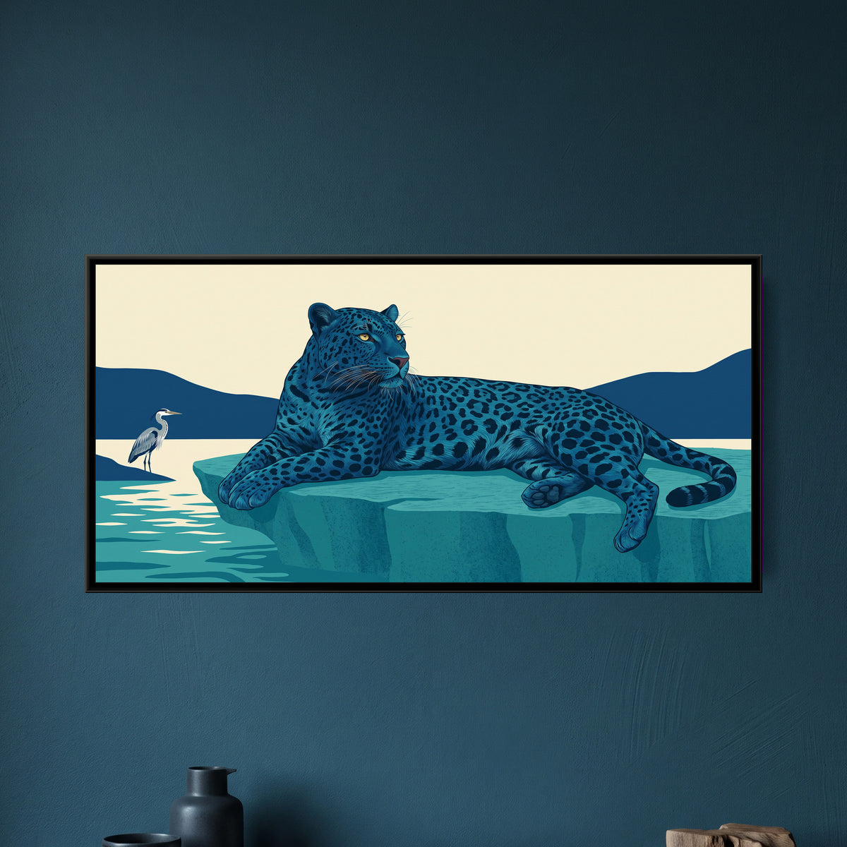 Blue Panther on a Teal Rock - framed canvas art hung on a wall