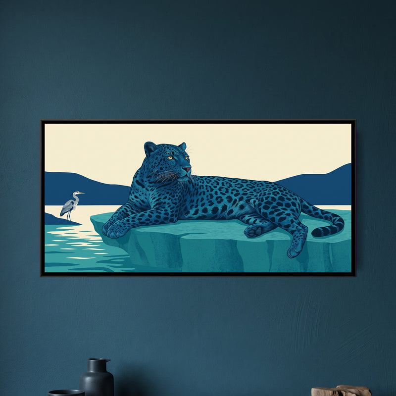 Blue Panther on a Teal Rock - framed canvas art hung on a wall