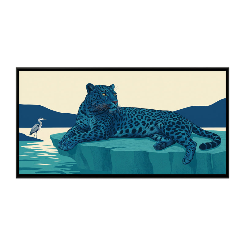 Blue Panther on a Teal Rock - framed canvas print, front view