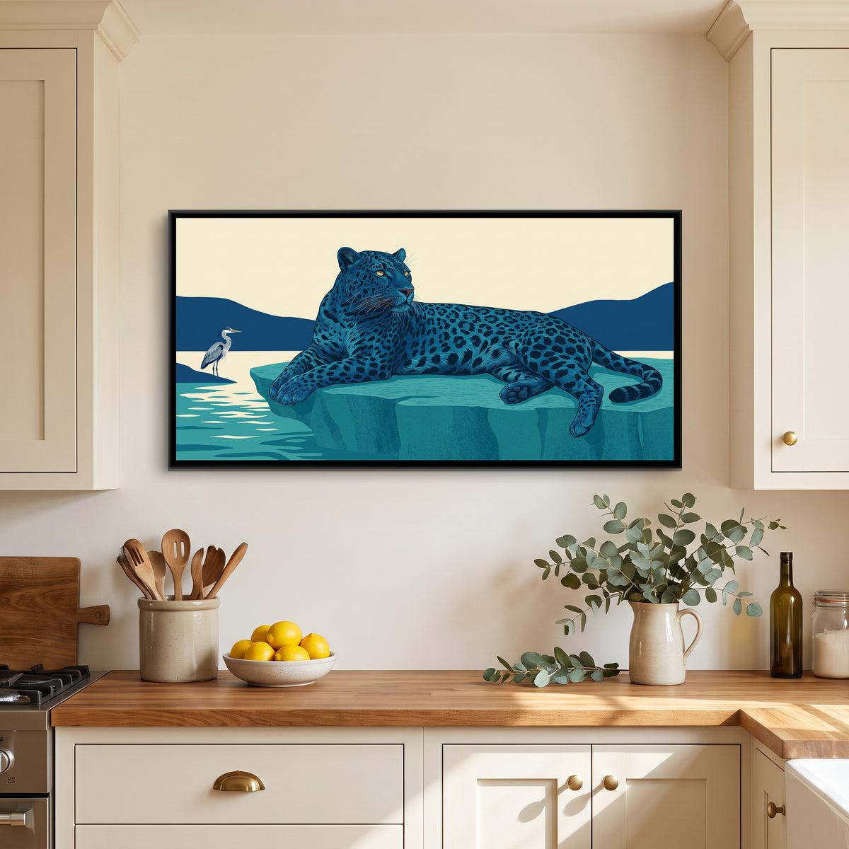 Blue Panther on a Teal Rock - canvas art shown in a second room setting