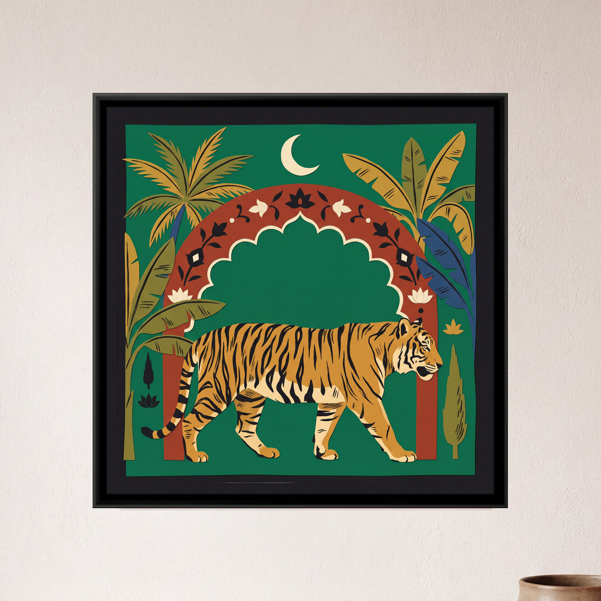 Tiger under a Palm Arch in Cut Paper - framed canvas art hung on a wall