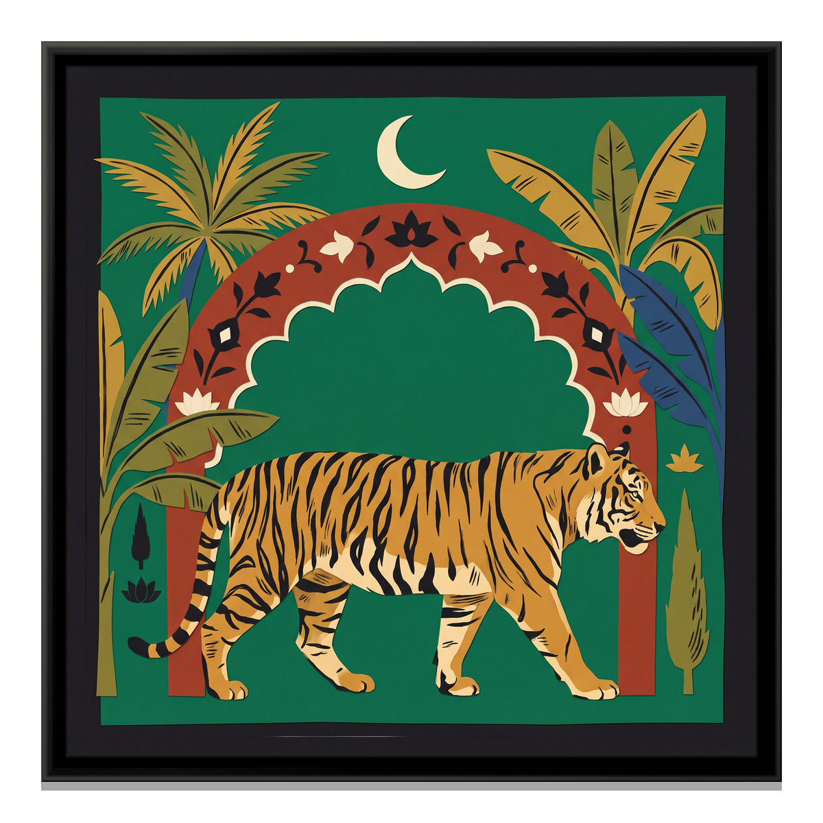 Tiger under a Palm Arch in Cut Paper - framed canvas print, front view