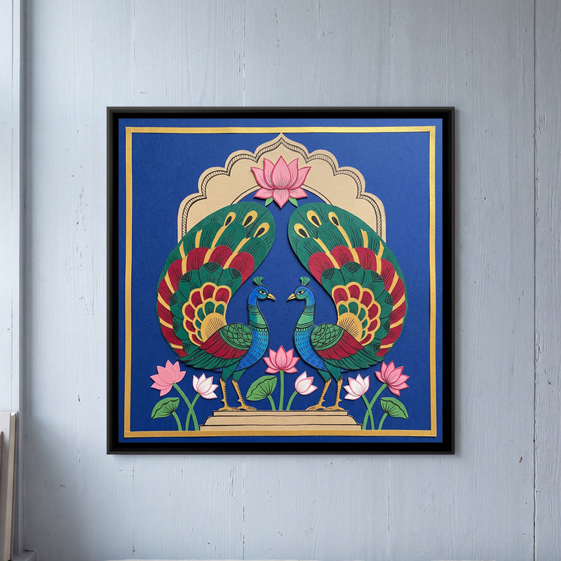 Peacock Pair under a Lotus Arch in Cut Paper - framed canvas art hung on a wall