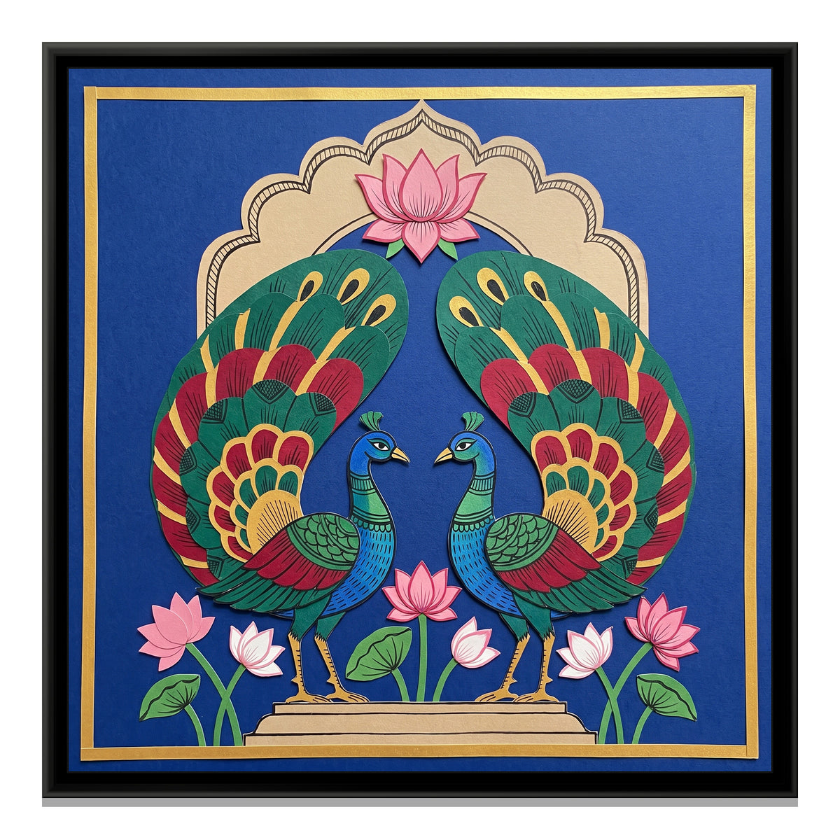 Peacock Pair under a Lotus Arch in Cut Paper - framed canvas print, front view