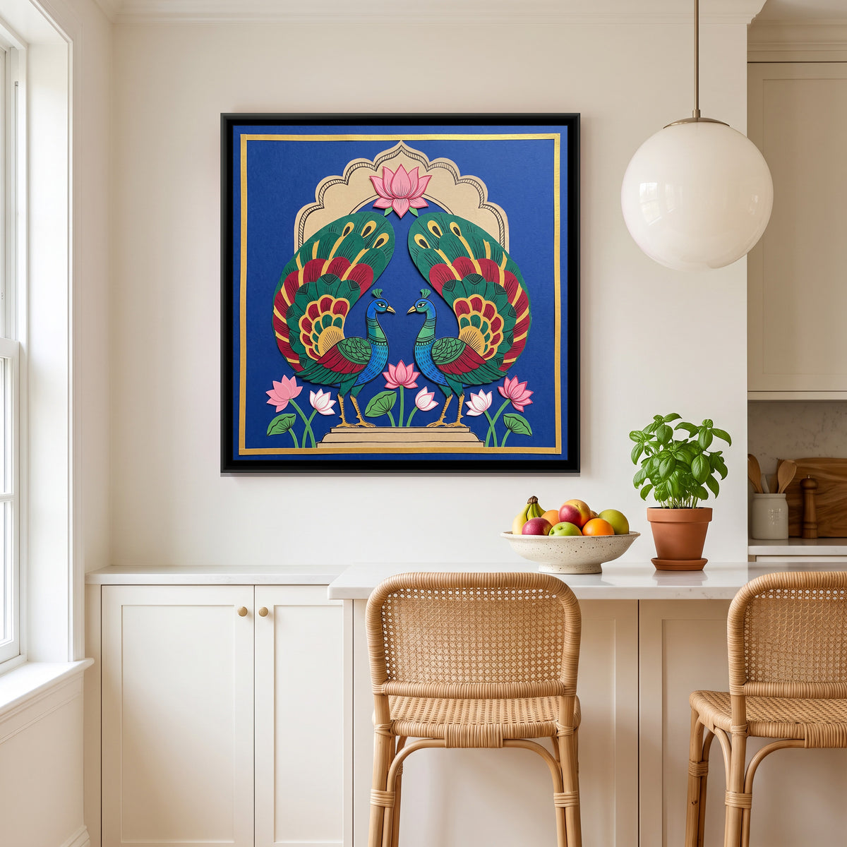 Peacock Pair under a Lotus Arch in Cut Paper - canvas art shown in a styled room