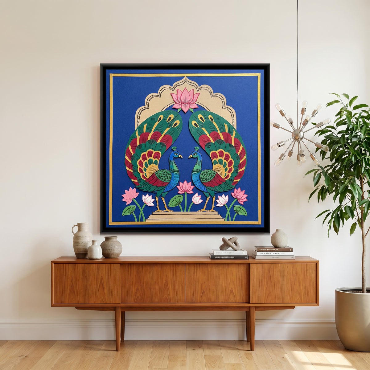 Peacock Pair under a Lotus Arch in Cut Paper - canvas art shown in a second room setting