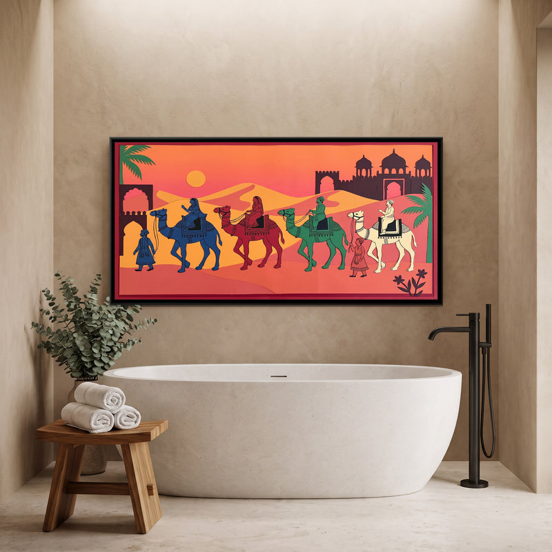 Camel Caravan at Sunset - canvas art shown in a styled room