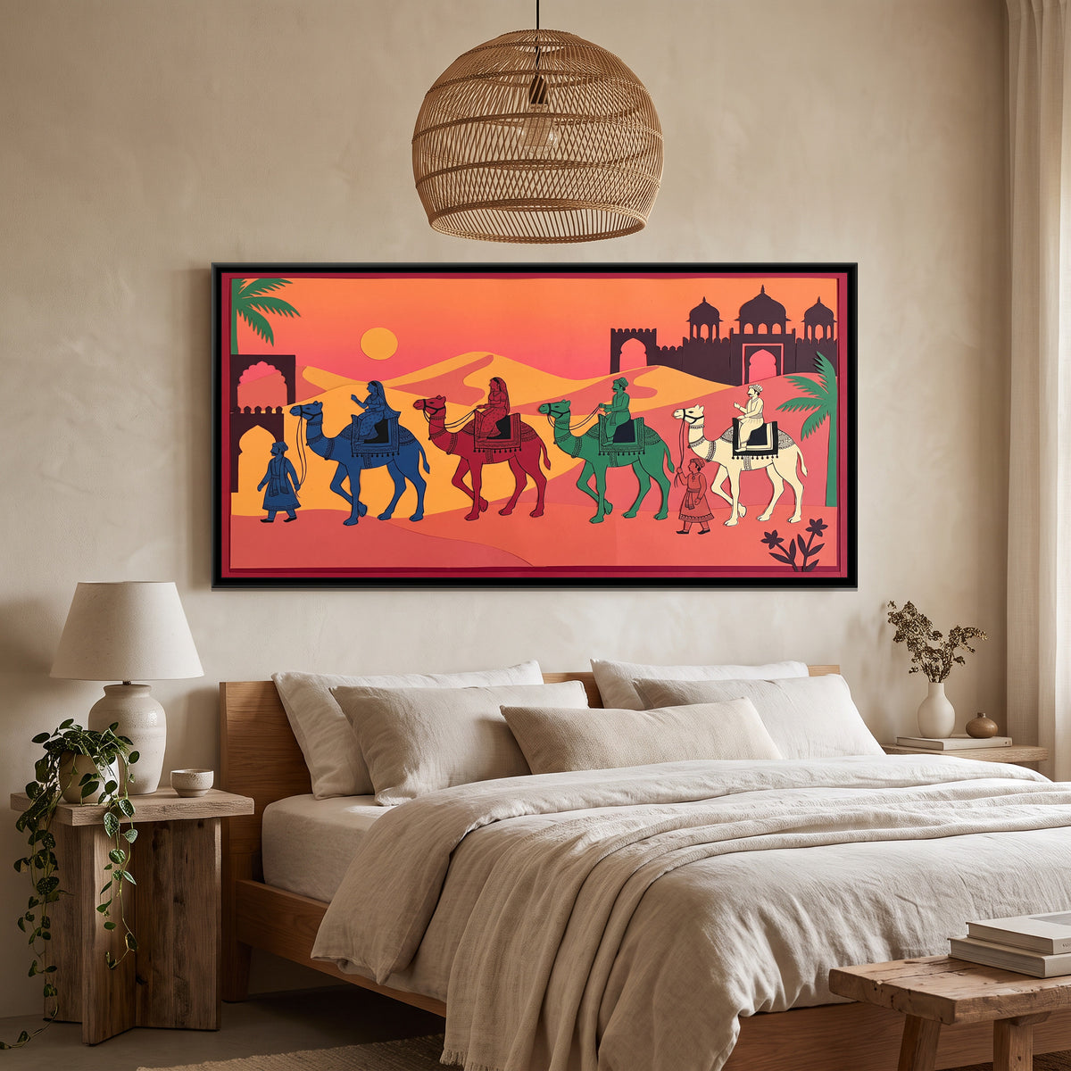 Camel Caravan at Sunset in Cut Paper - canvas art shown in a second room setting