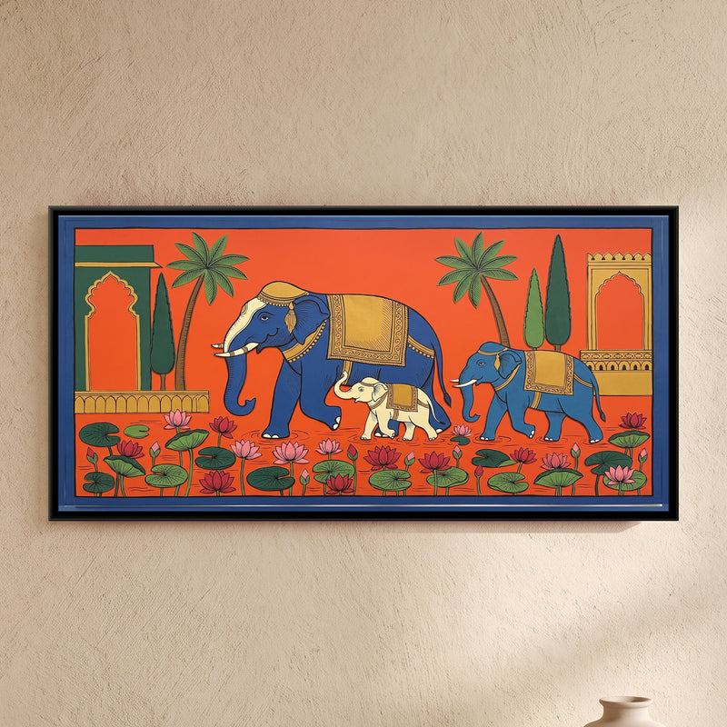 Elephants and Lotus Pond in Cut Paper - framed canvas art hung on a wall