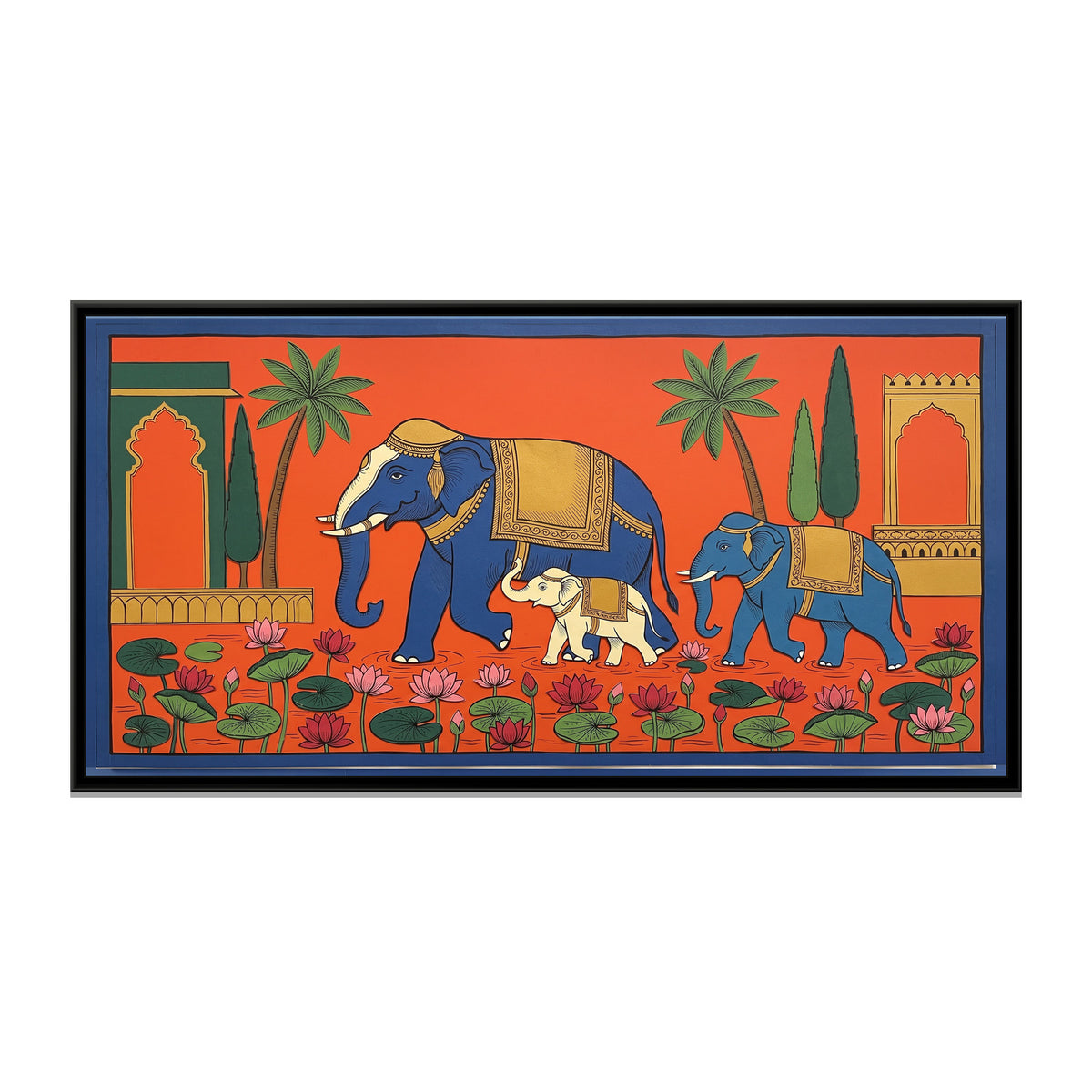 Elephants and Lotus Pond in Cut Paper - framed canvas print, front view