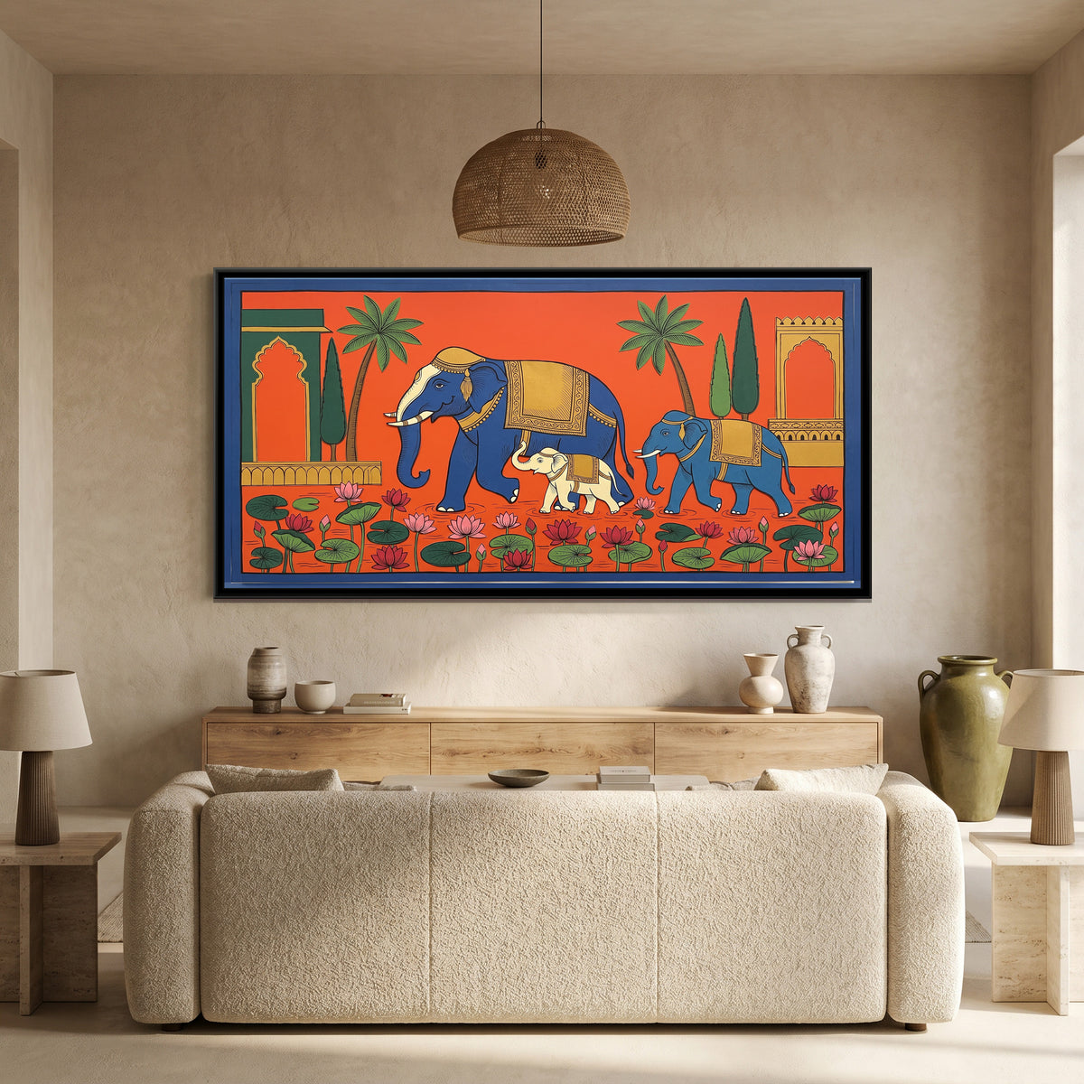 Elephants and Lotus Pond in Cut Paper - canvas art shown in a styled room