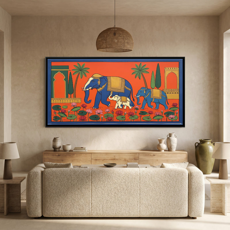 Elephants and Lotus Pond - canvas art shown in a styled room
