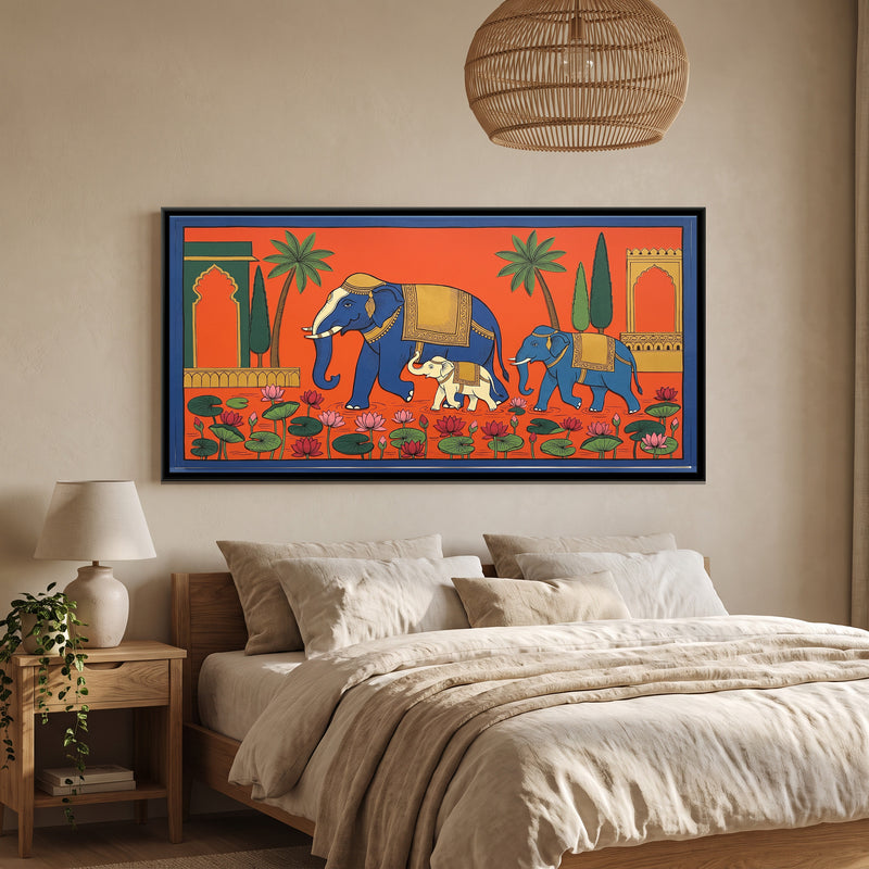 Elephants and Lotus Pond - canvas art shown in a second room setting