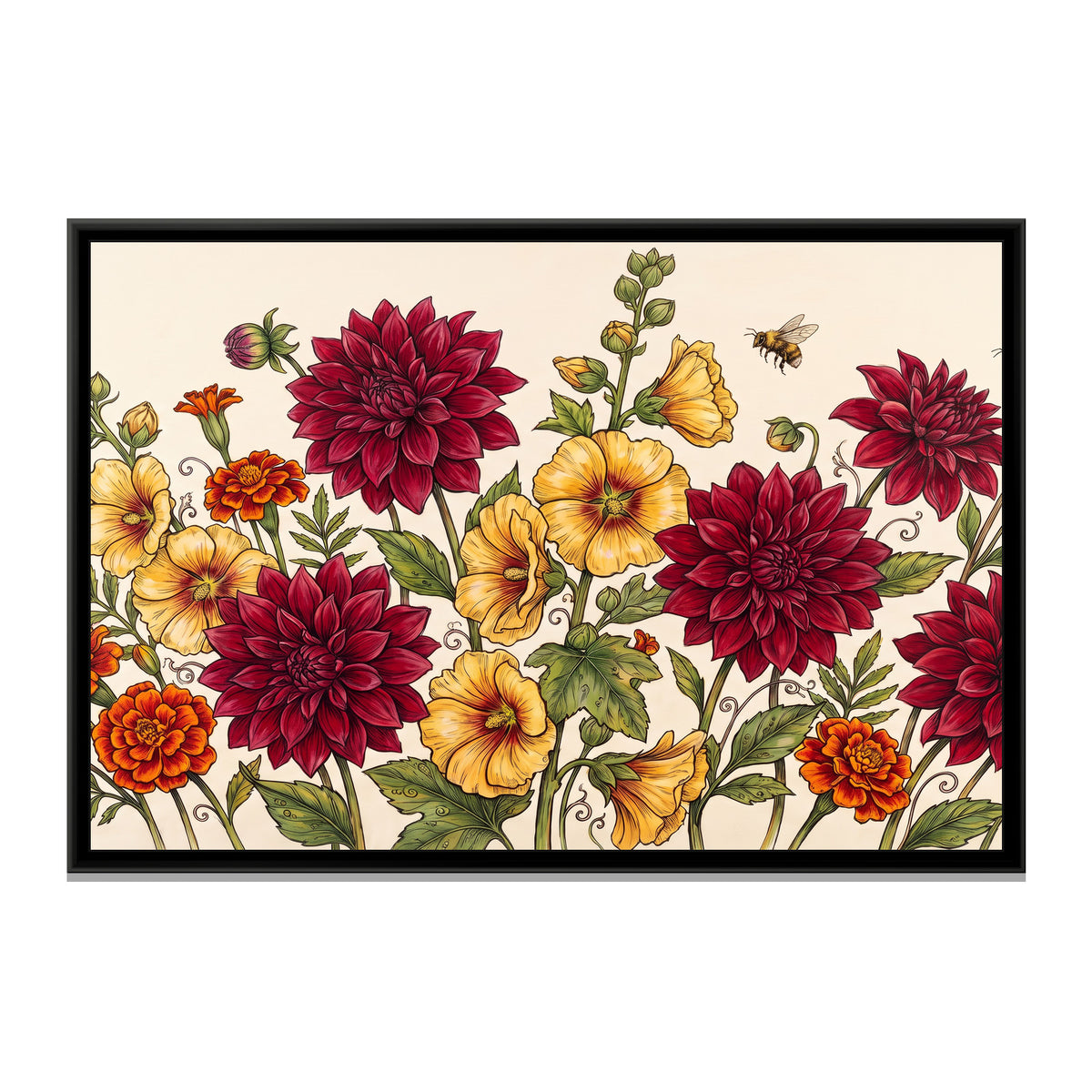 Dahlias and Marigolds in Full Bloom - framed canvas print, front view