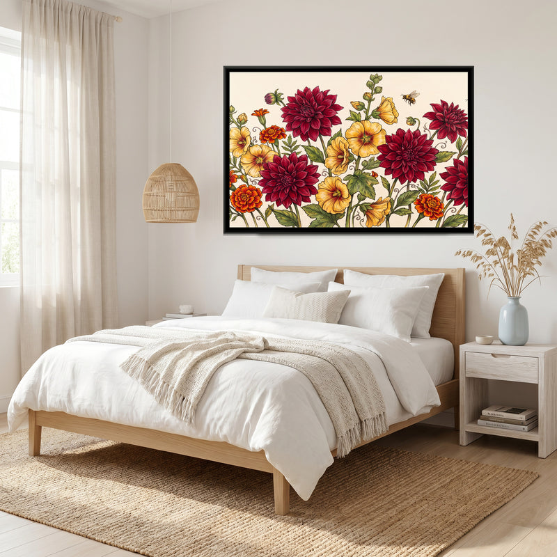 Dahlias and Marigolds in Full Bloom - canvas art shown in a second room setting