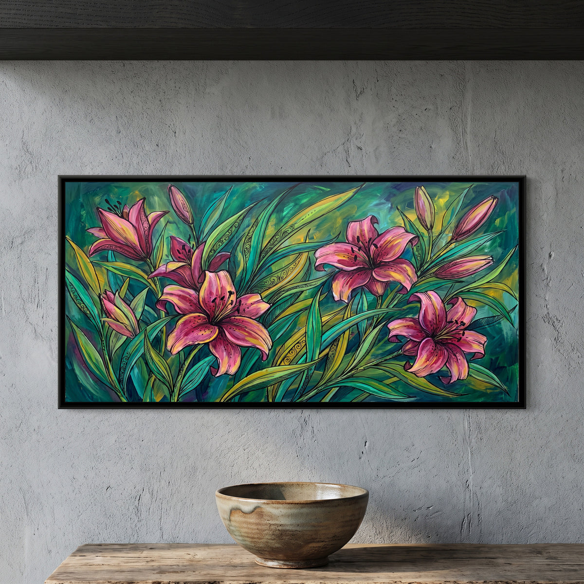 Lilies in a Jewel-Toned Thicket - framed canvas art hung on a wall