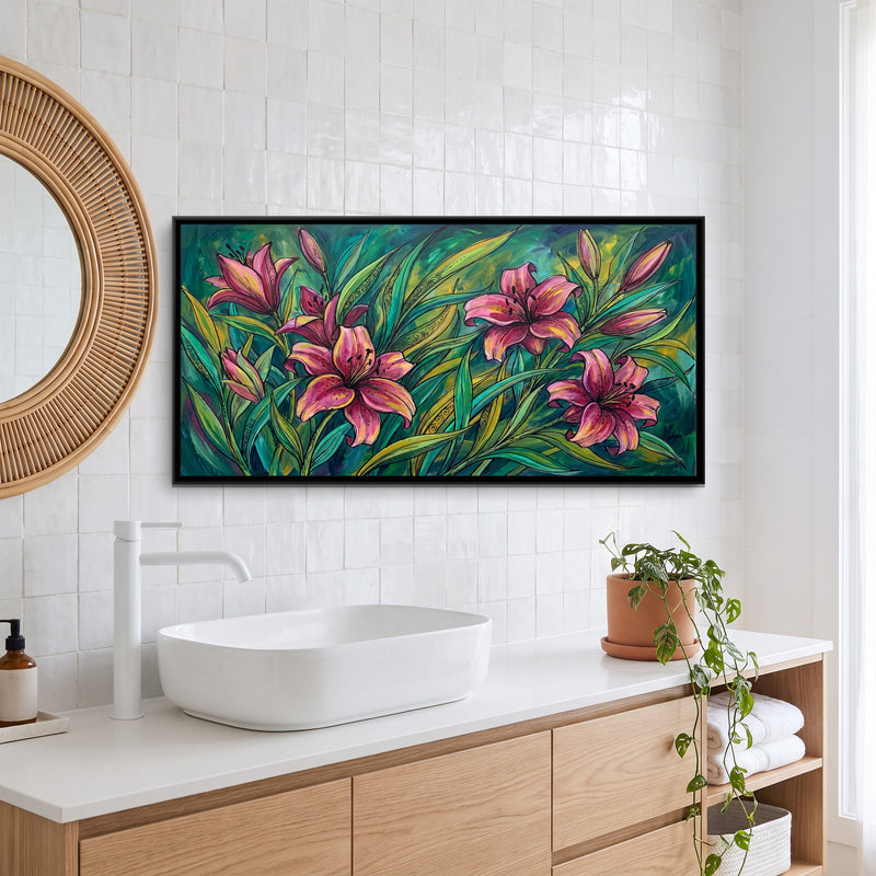 Lilies in a Jewel-Toned Thicket - canvas art shown in a styled room