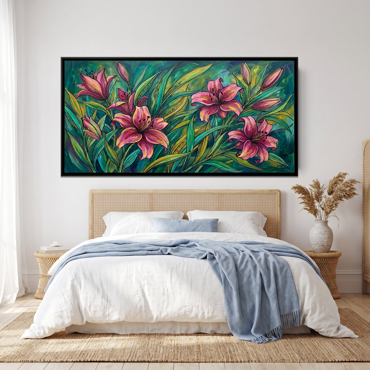 Lilies in a Jewel-Toned Thicket - canvas art shown in a second room setting