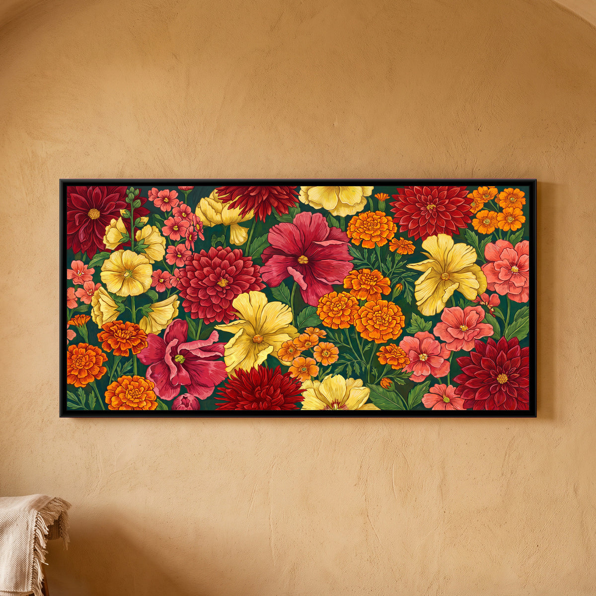 Dahlias and Marigolds in Full Bloom - framed canvas art hung on a wall