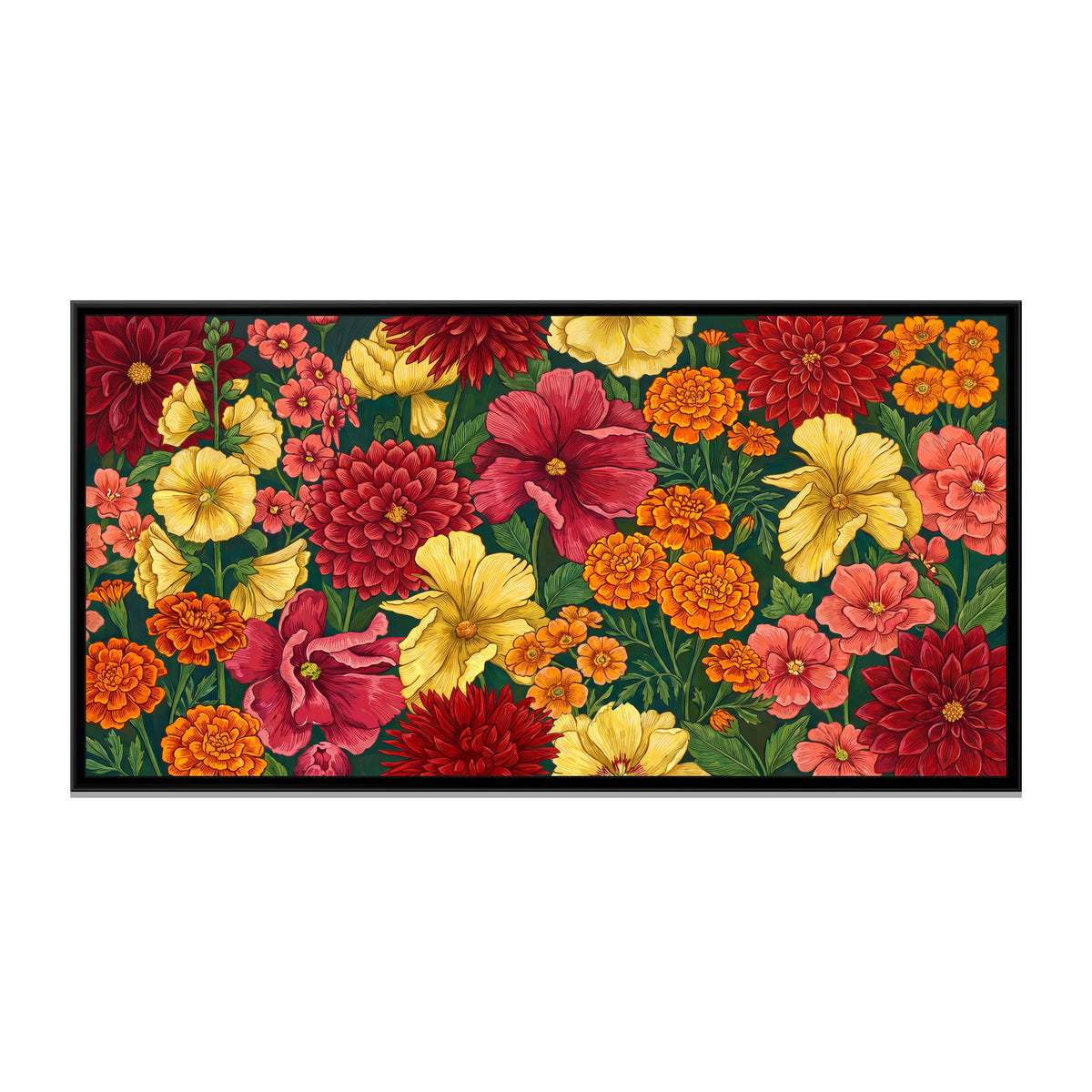 Dahlias and Marigolds in Full Bloom - framed canvas print, front view