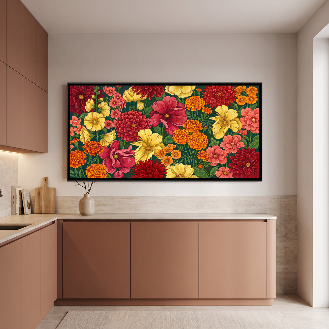 A Kolorkaari canvas in a floater frame, in a room