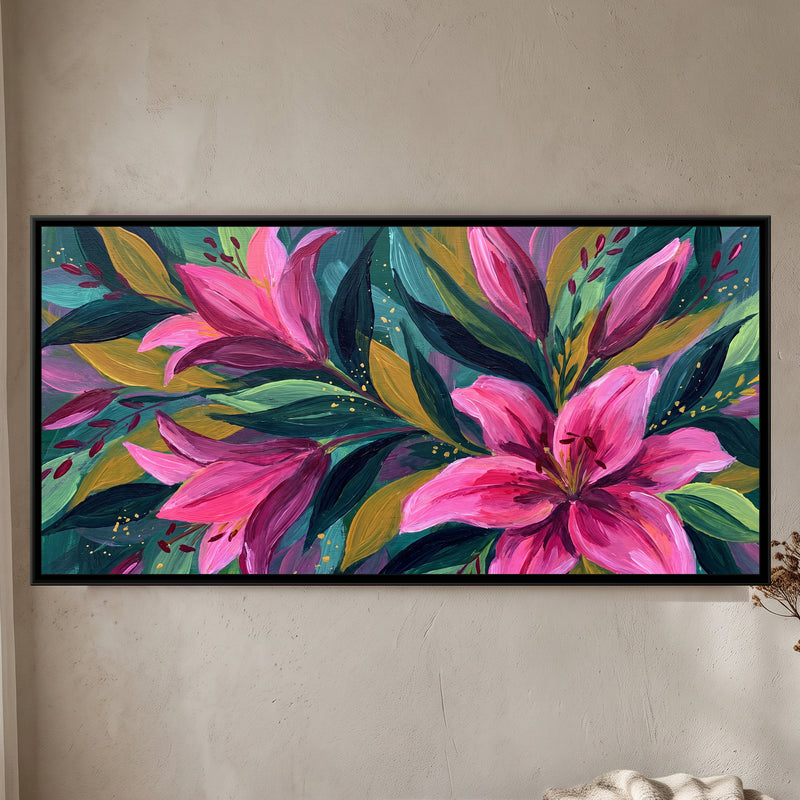 Lilies in a Jewel-Toned Thicket - framed canvas art hung on a wall