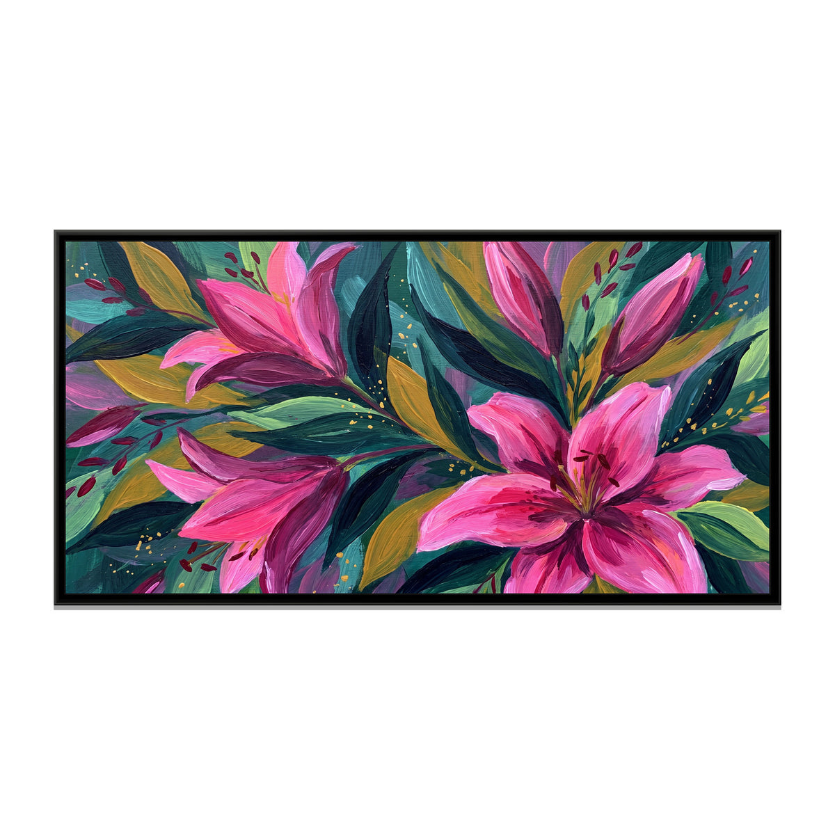 Lilies in a Jewel-Toned Thicket - framed canvas print, front view