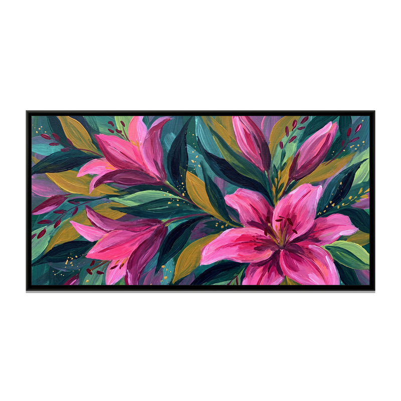 Lilies in a Jewel-Toned Thicket - framed canvas print, front view
