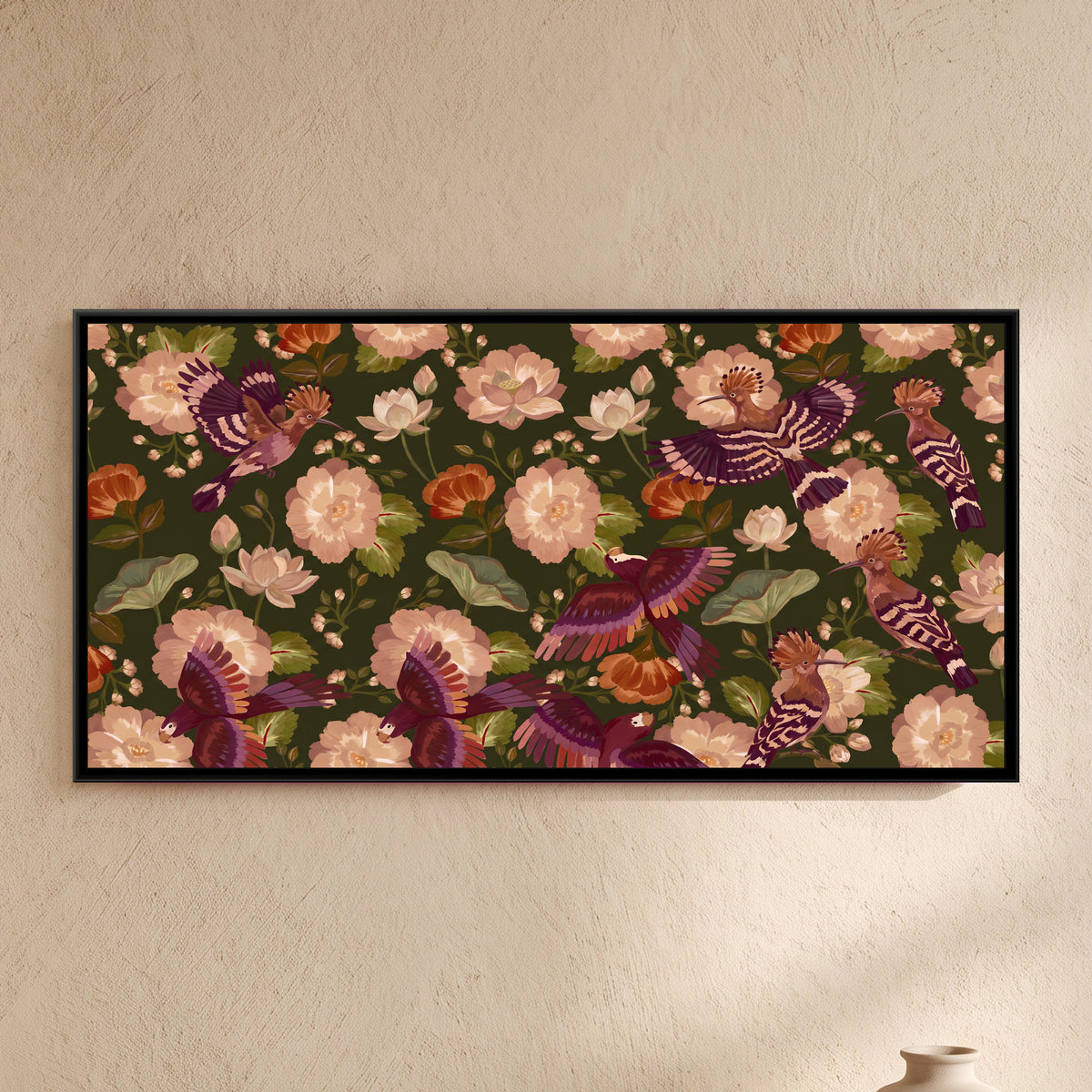 Hoopoes and Lotus in Embroidered Colour on Dark Olive - framed canvas art hung on a wall