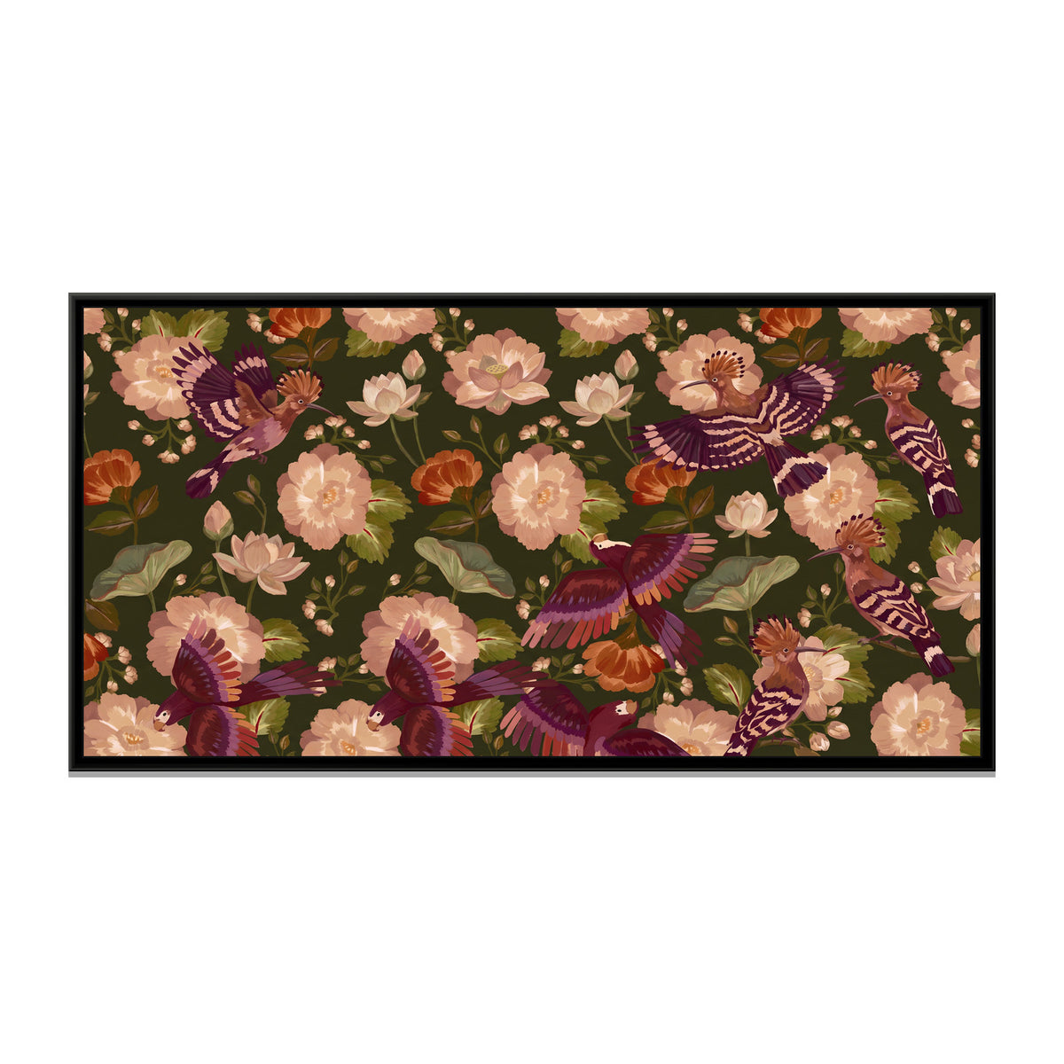 Hoopoes and Lotus in Embroidered Colour on Dark Olive - framed canvas print, front view