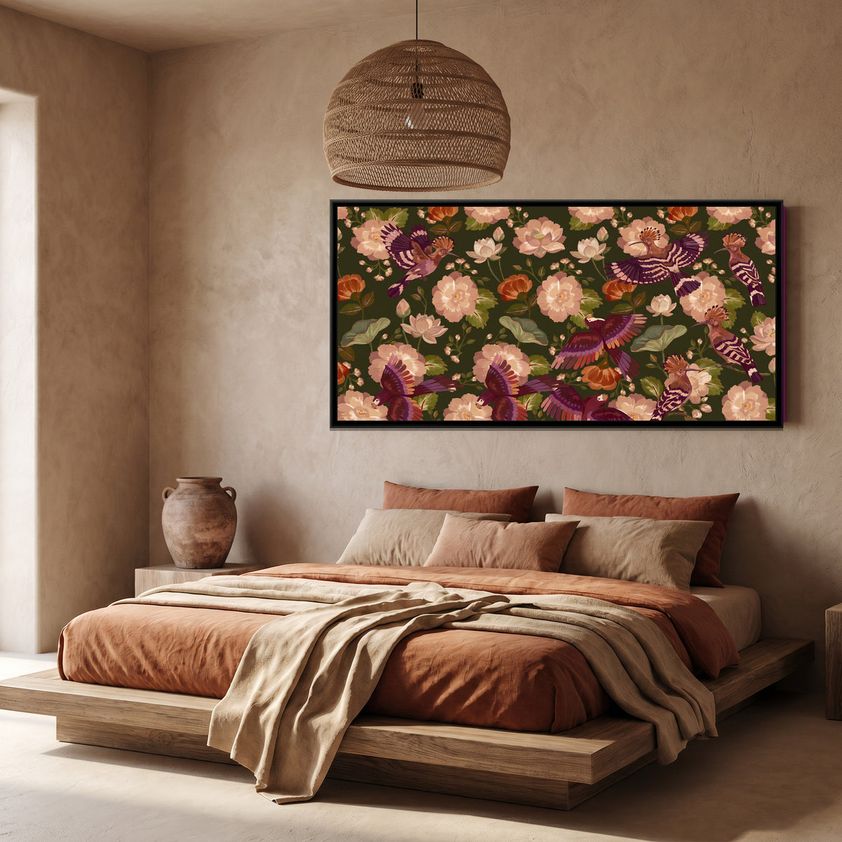 Hoopoes and Lotus in Embroidered Colour on Dark Olive - canvas art shown in a styled room