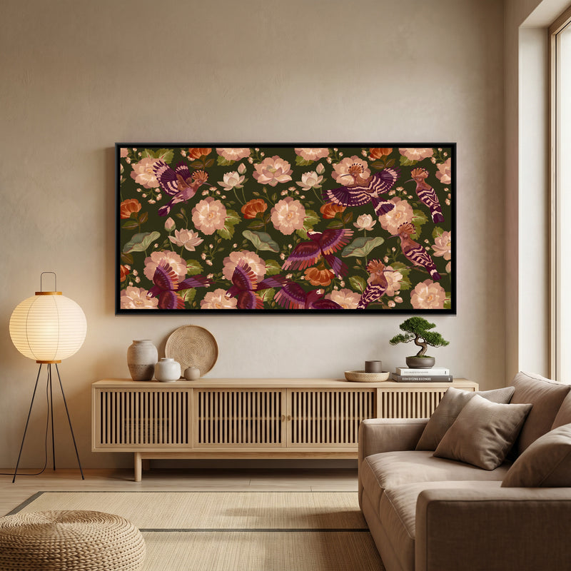 Hoopoes and Lotus in Embroidered Colour on Dark Olive - canvas art shown in a second room setting