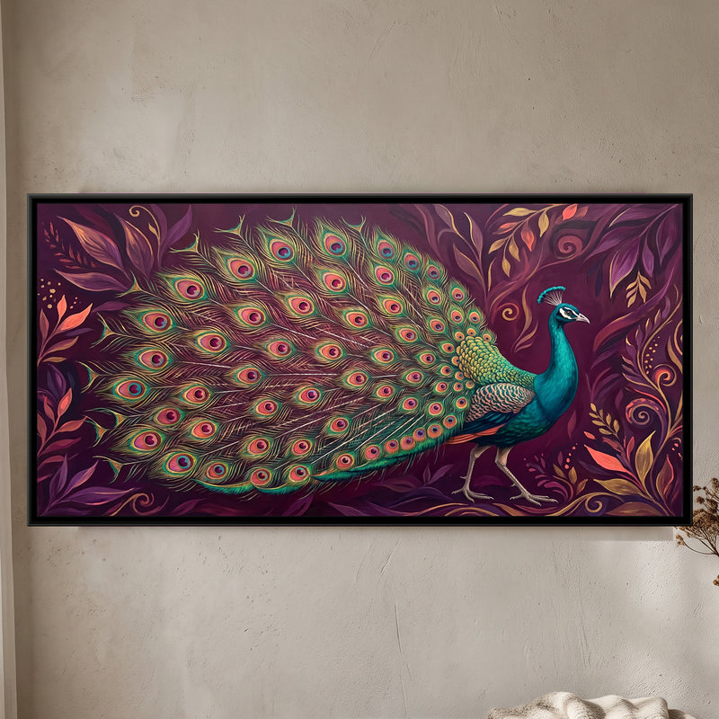 Peacock in Full Fan in Magenta and Gold - framed canvas art hung on a wall