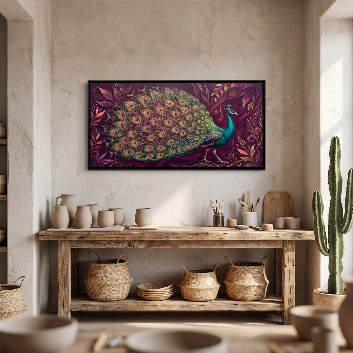 Peacock in Full Fan in Magenta and Gold - canvas art shown in a second room setting
