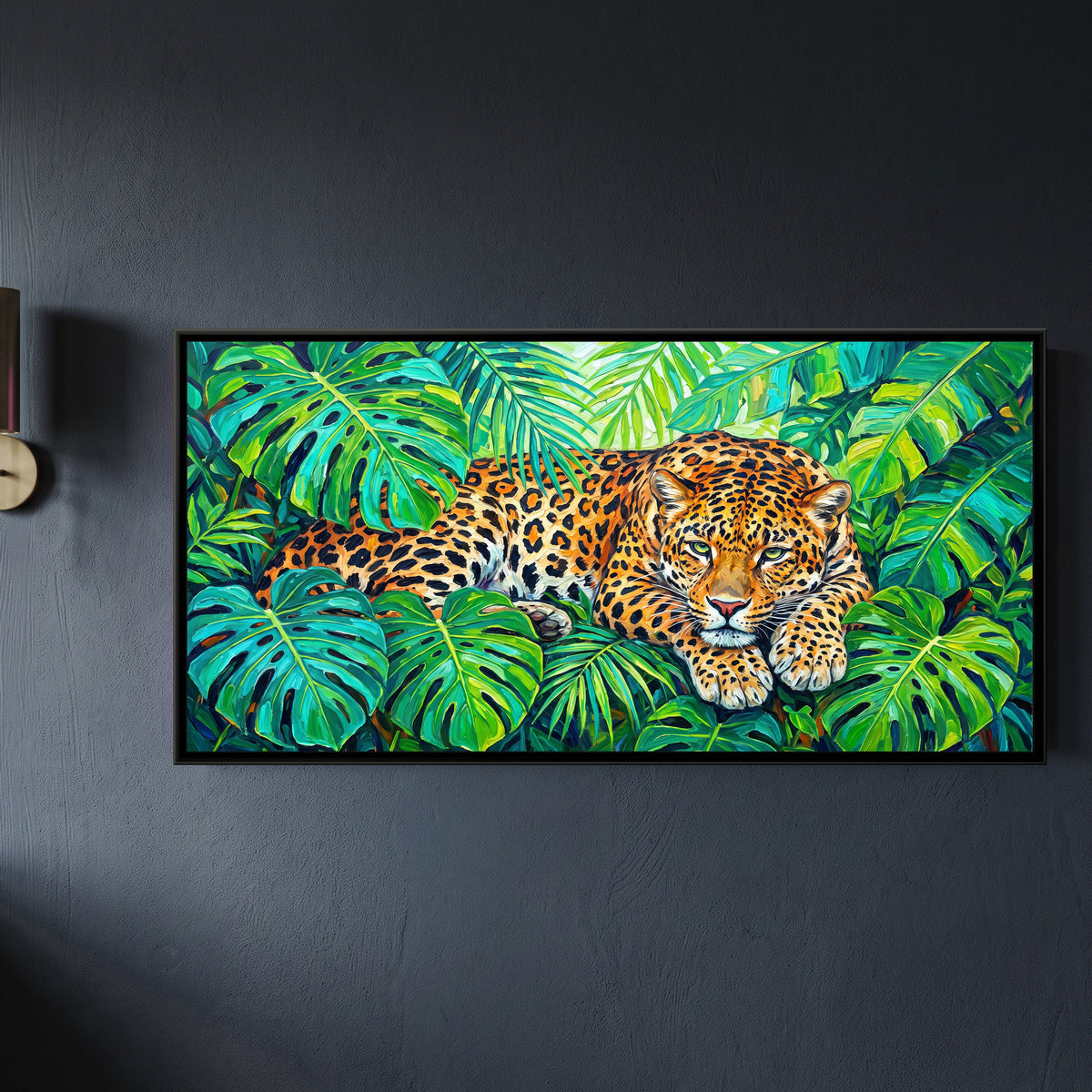 Leopard in Tropical Leaves - framed canvas art hung on a wall