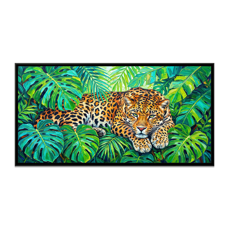 Leopard in Tropical Leaves - framed canvas print, front view
