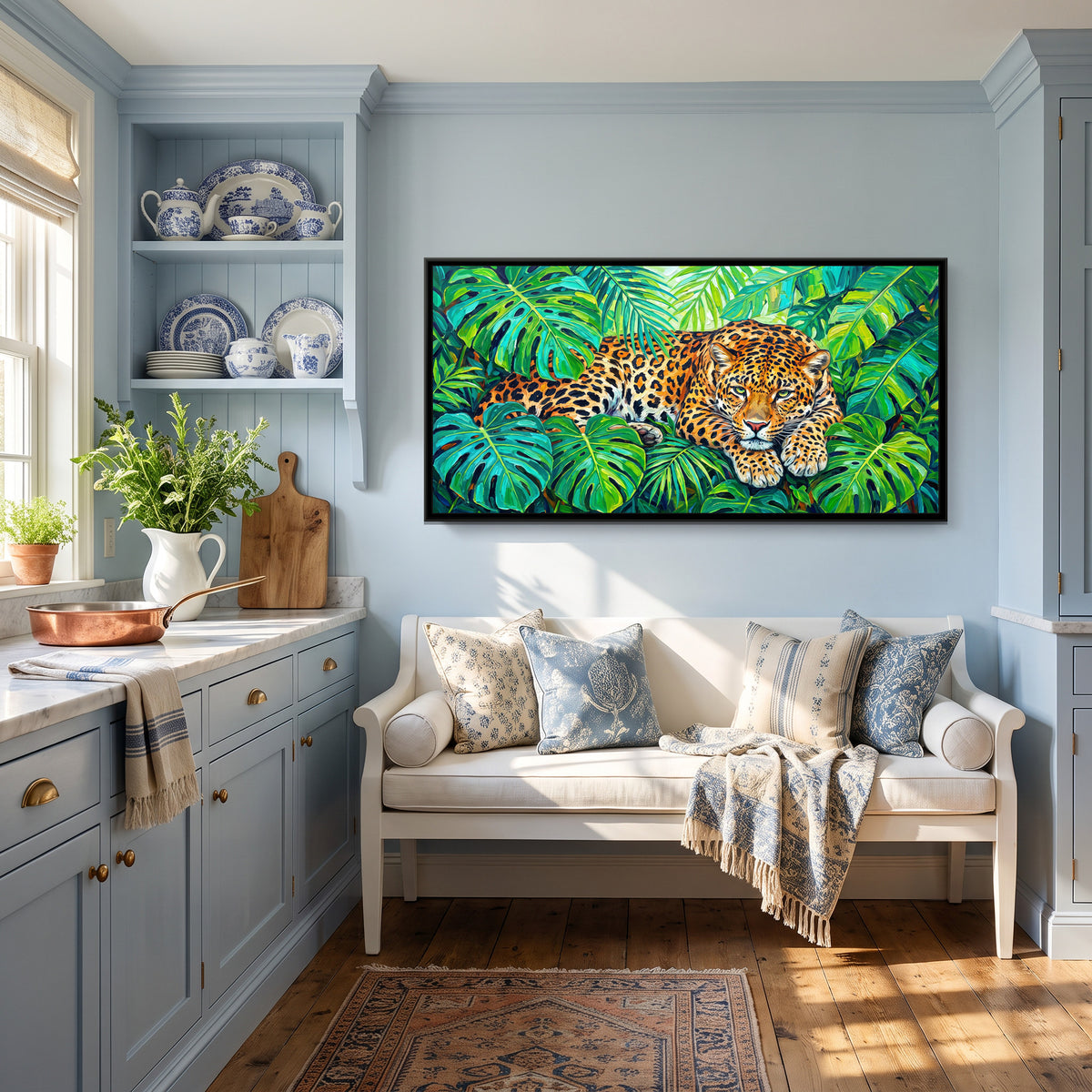 Leopard in Tropical Leaves - canvas art shown in a second room setting