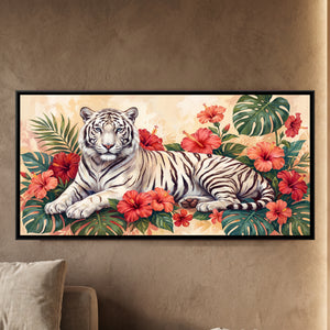 View 1 of White Tiger among Hibiscus on Cream