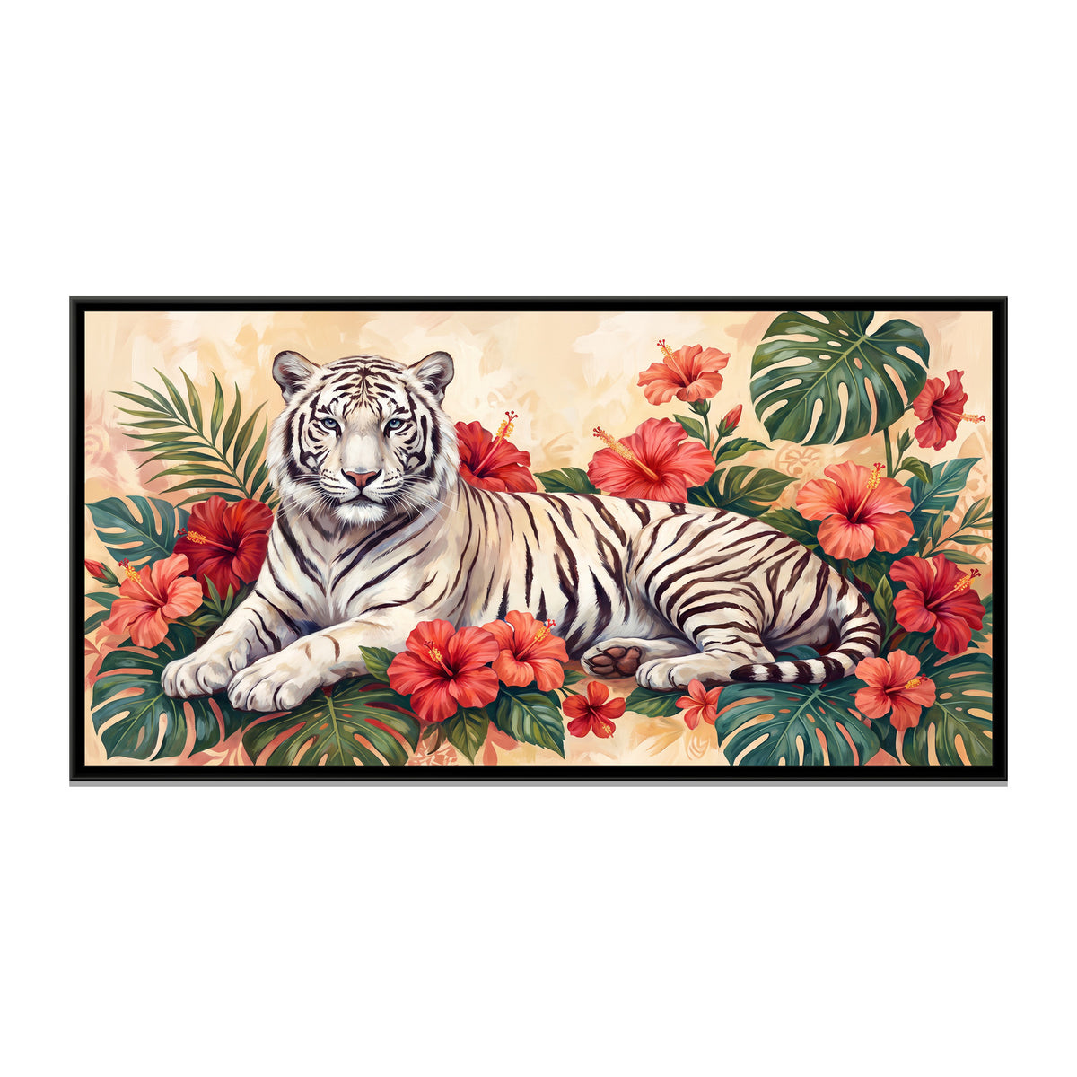 White Tiger among Hibiscus on Cream - framed canvas print, front view