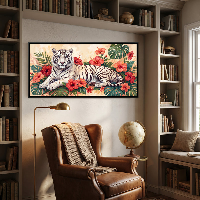 White Tiger among Hibiscus on Cream - canvas art shown in a second room setting