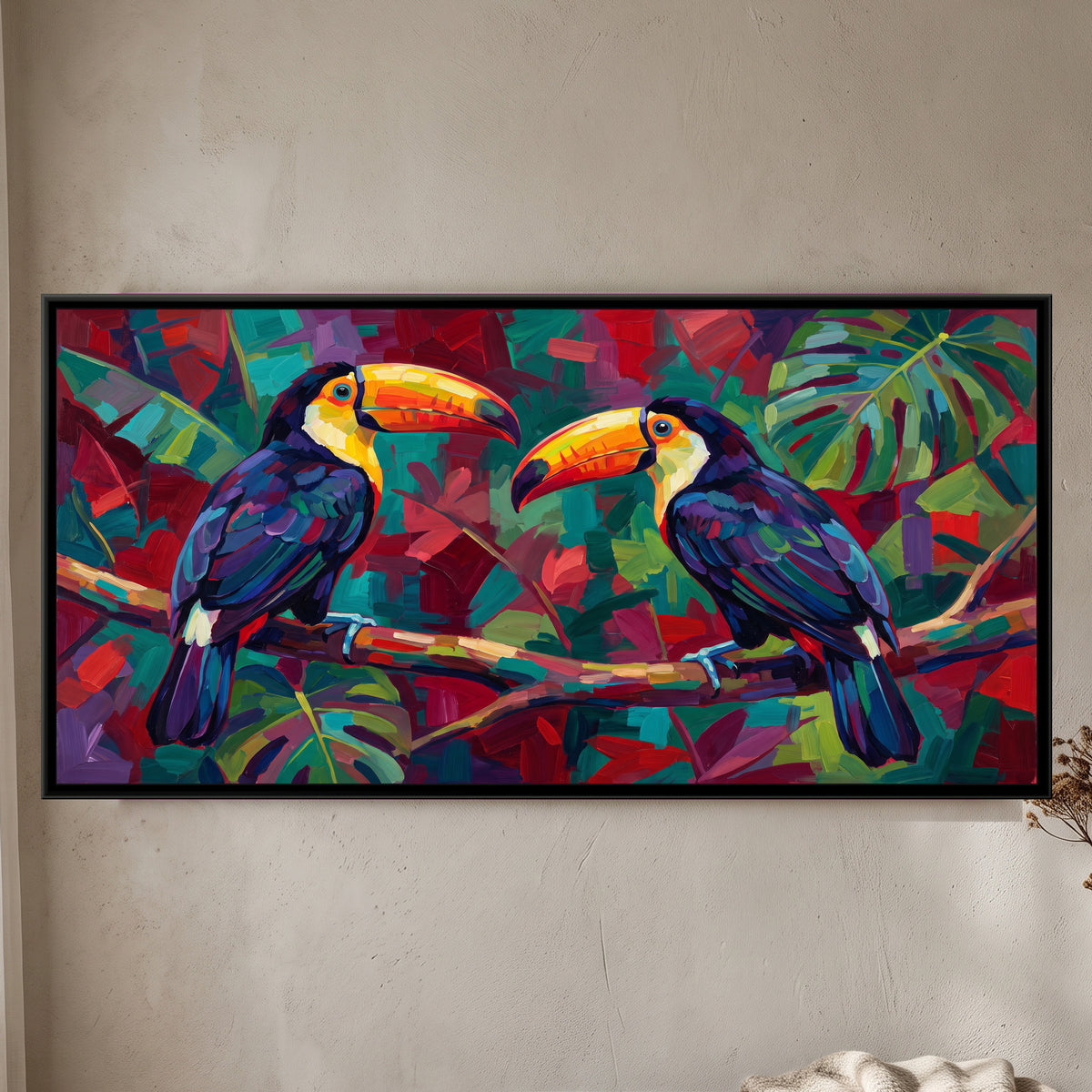 Toucans in Bold Colour Blocks - framed canvas art hung on a wall