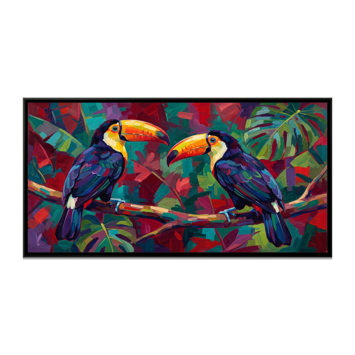 Toucans in Bold Colour Blocks - framed canvas print, front view