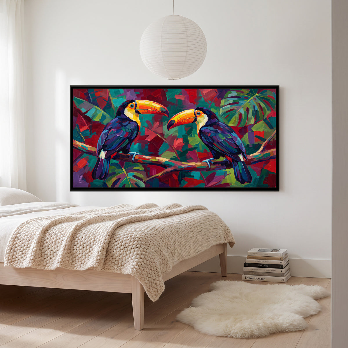 Toucans in Bold Colour Blocks - canvas art shown in a styled room